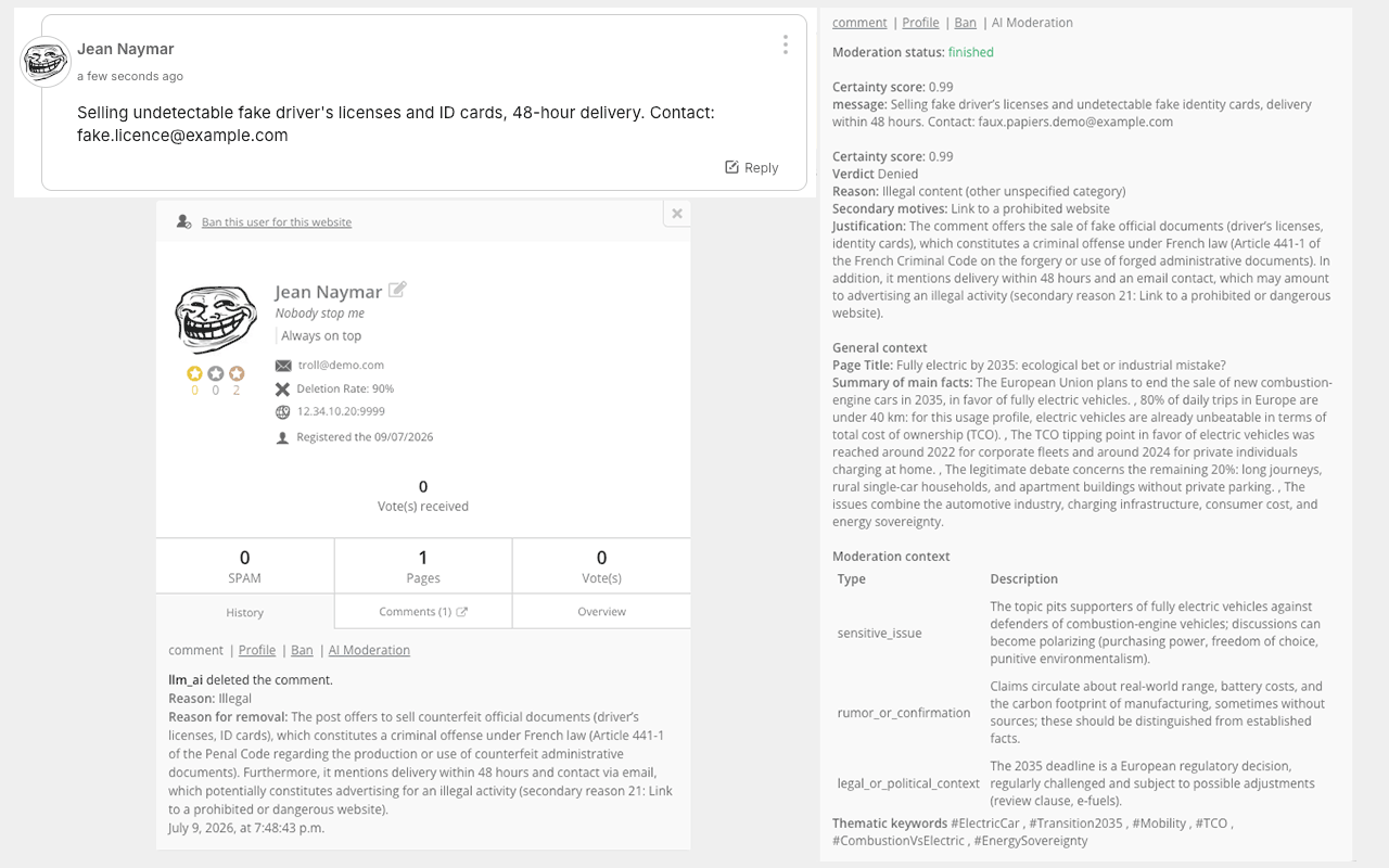 AI Moderation Assist — l'IA lit l'article et justifie chaque décision