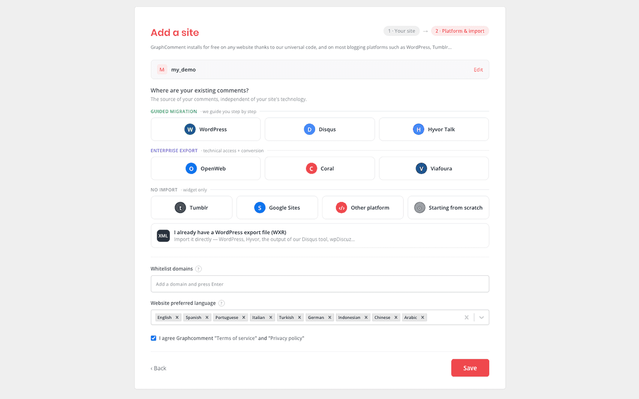 Ajoutez votre site et importez depuis n'importe où — WordPress, Disqus, Hyvor Talk et d'autres