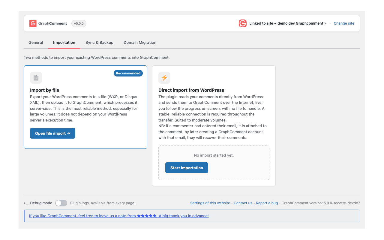Import à partir d'un seul fichier (WordPress WXR, XML Disqus), traité en arrière-plan