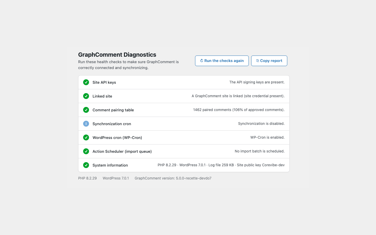 Diagnostic — 8 vérifications automatiques et un rapport de support à copier-coller