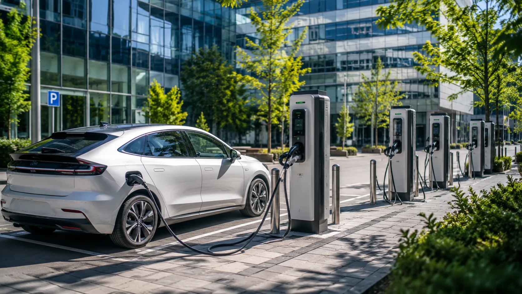 Electric vehicle charging station on a city street