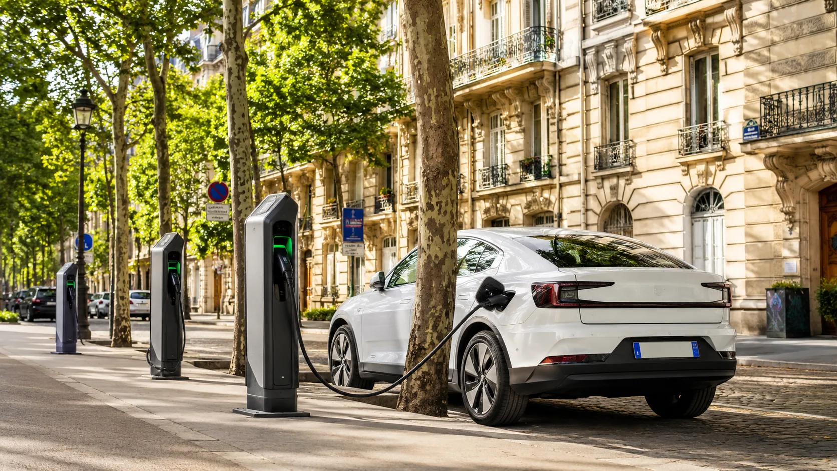 Borne de recharge pour véhicule électrique dans une rue de ville